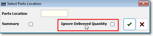 The option 'Ignore Delivered Quantity' is highlighted in the Select Parts Location box in SIMS.
