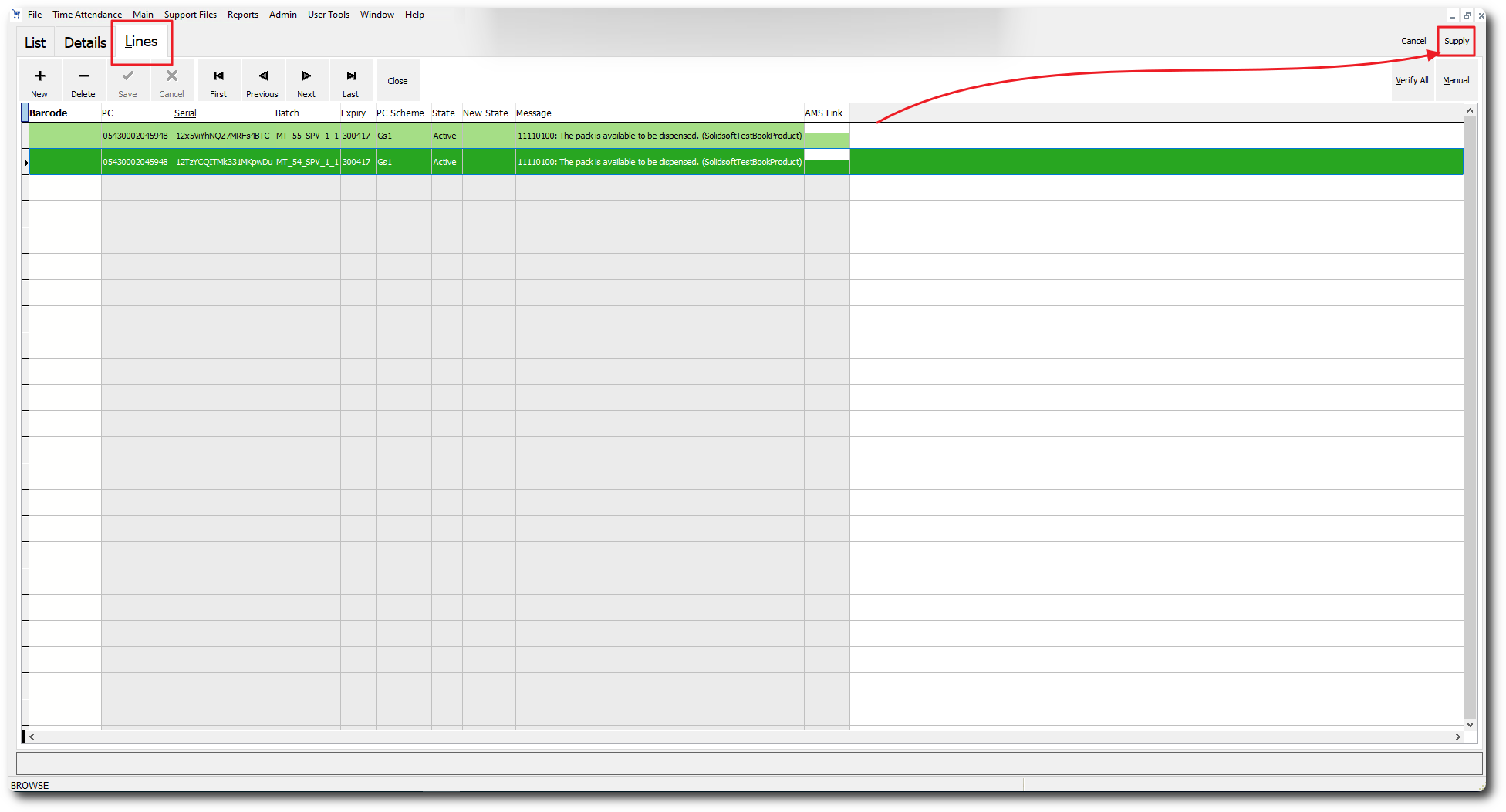 EMVS POYC module showing the Lines tab of a patient entry, with the Supply button highlighted