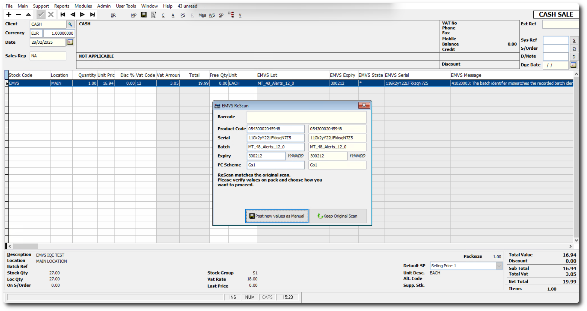 EMVS ReScan pop-up shows manual input of data