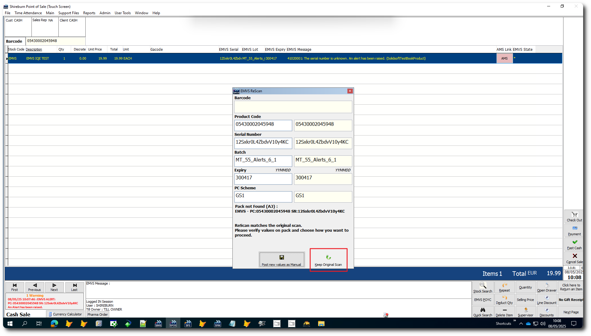 EMVS ReScan pop-up shows re-scan match with Keep button highlighted